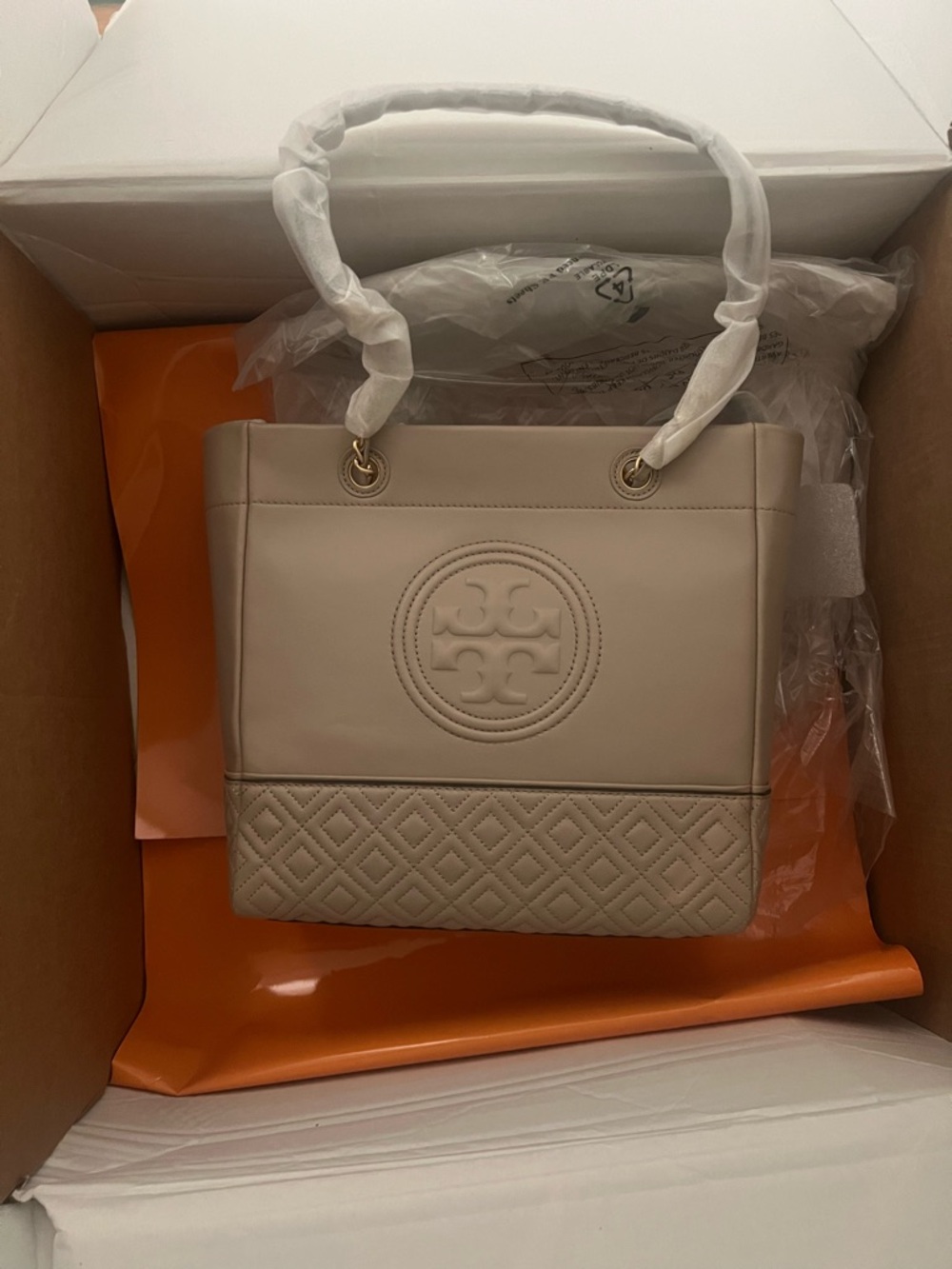 Tory Burch Cream Leather Quilted-Base Tote with Logo Medallion